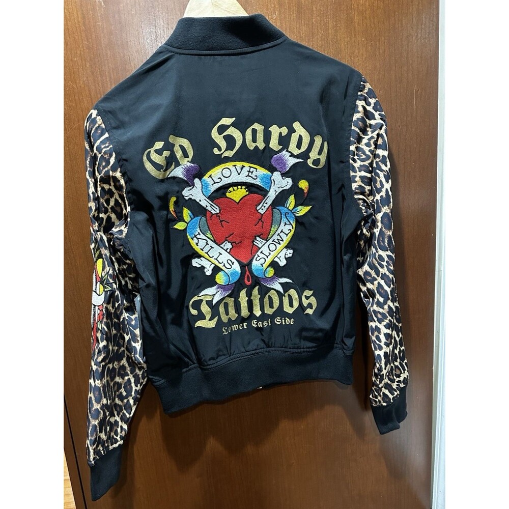NWT Ed Hardy Y2K Bomber Jacket Tiger Dagger Souvenir Leopard Sleeves Size S New - Picture 11 of 16